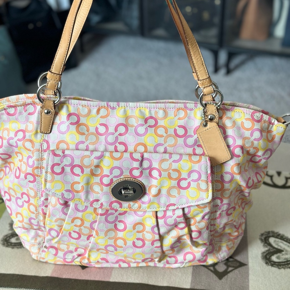 Coach Lean Signature Circle Tote with Tan Leather Handles